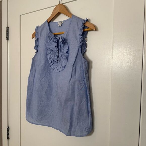 J Crew Tank Top Women Sz 4 Light Blue Ruffle Front Sleeveless Lightweight Cotton - Picture 2 of 10
